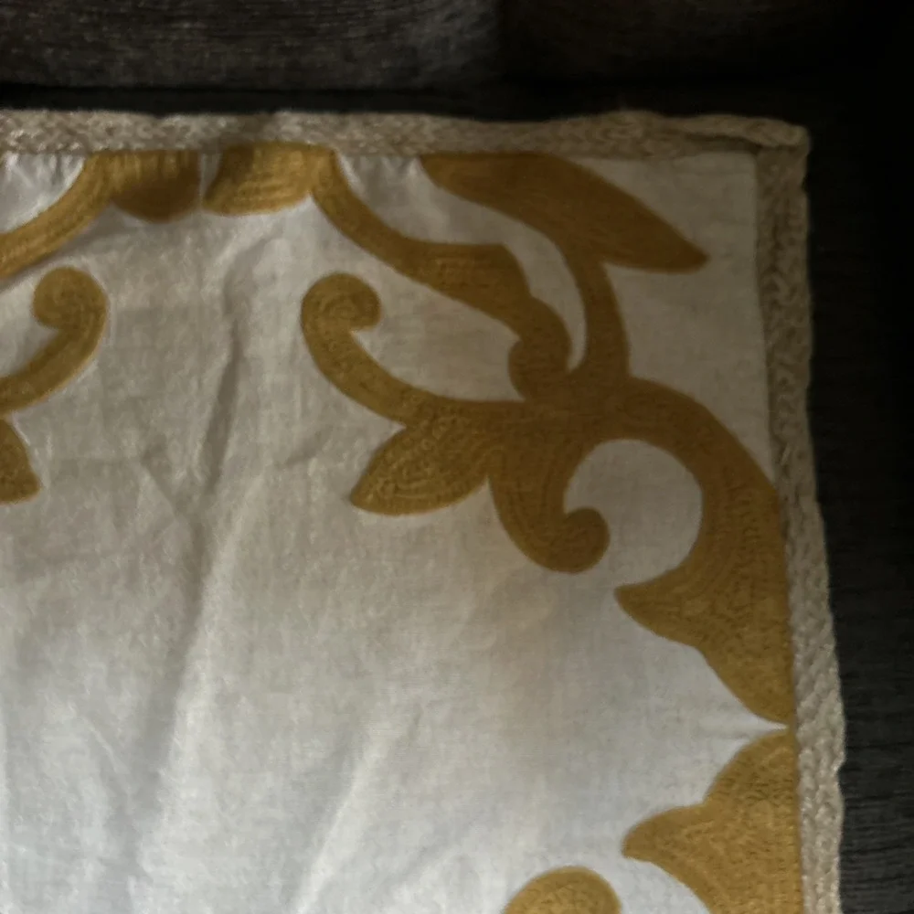 Vintage Pier One Imports Embroidered Jute Decorative Yellow scroll Pillow case